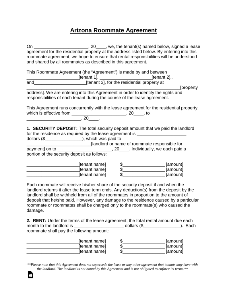 Lease Roommate Agreement Free Arizona Room Rental Roommate Agreement Template Pdf Word