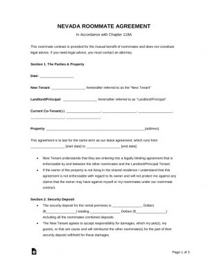 Lease Roommate Agreement Free Nevada Roommate Agreement Template Pdf Word Eforms Free