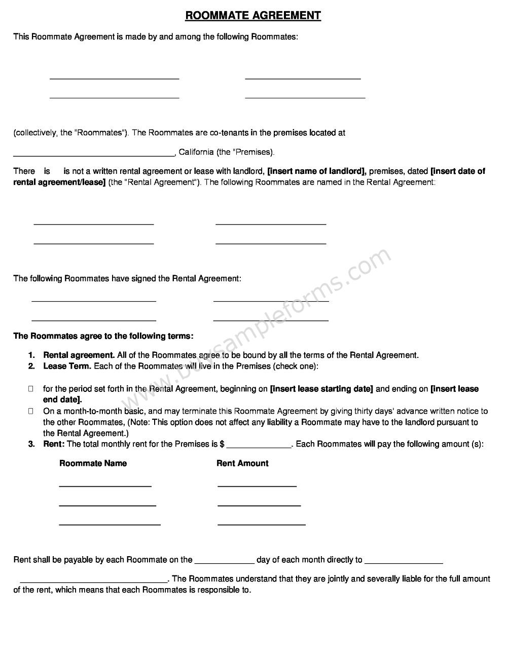 Lease Roommate Agreement Roommate Rental Agreement Form Template Word Doc Sample Forms