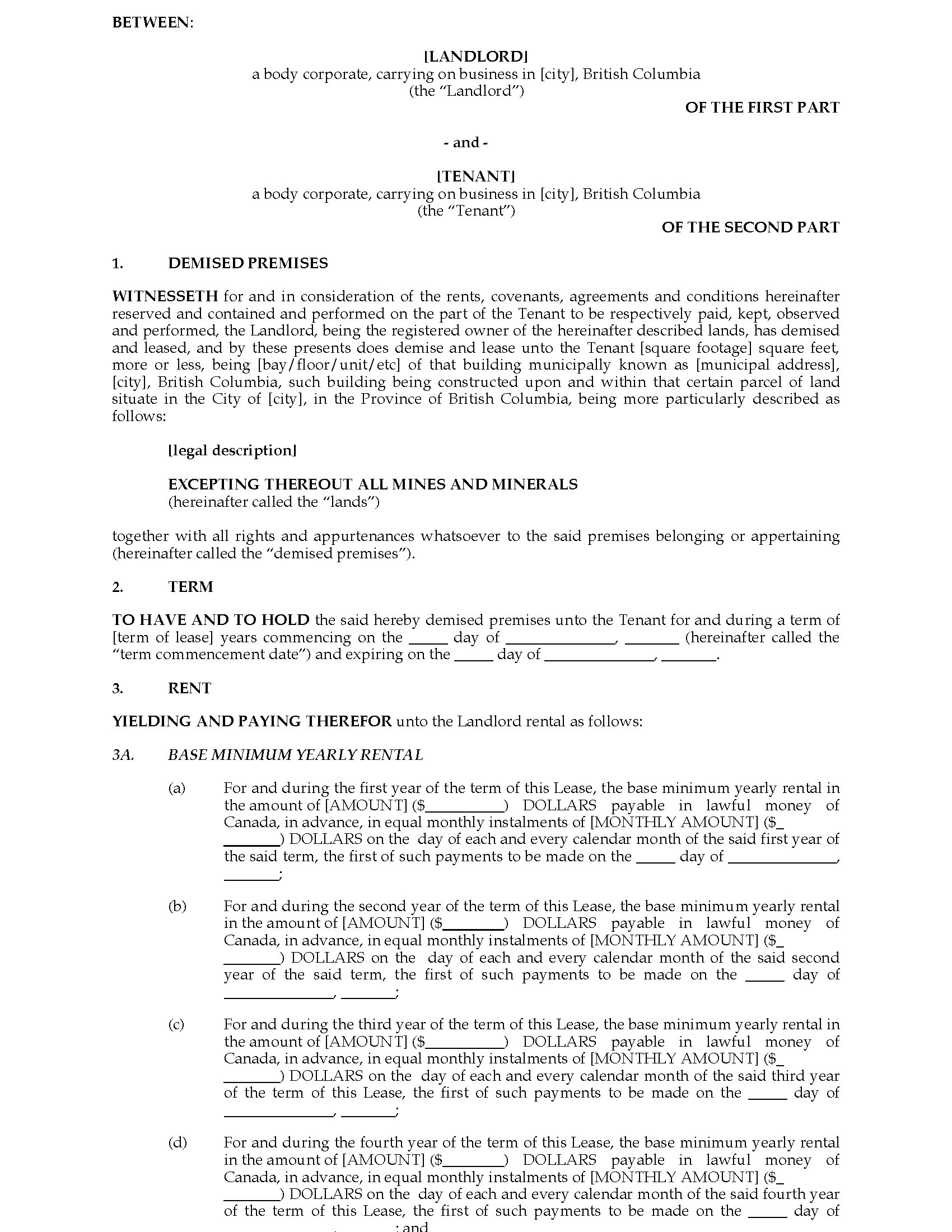 Legal Forms Lease Agreement British Columbia Commercial Triple Net Lease Agreement