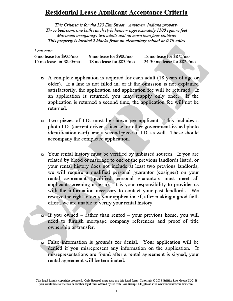 Legal Forms Lease Agreement Lease Acceptance Criteria Sample