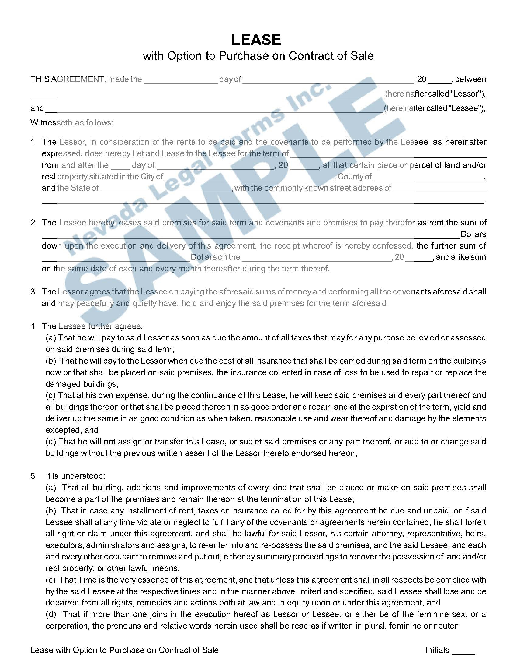 Legal Forms Lease Agreement Lease With Option To Purchase On Contract Of Sale