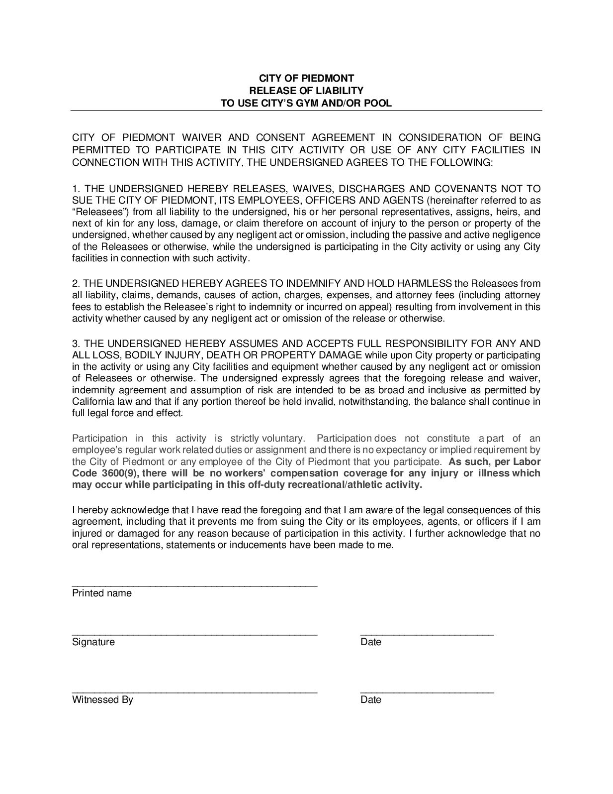 Liability Release Agreement Calamo Release Of Liability Form For Piedmont Gym