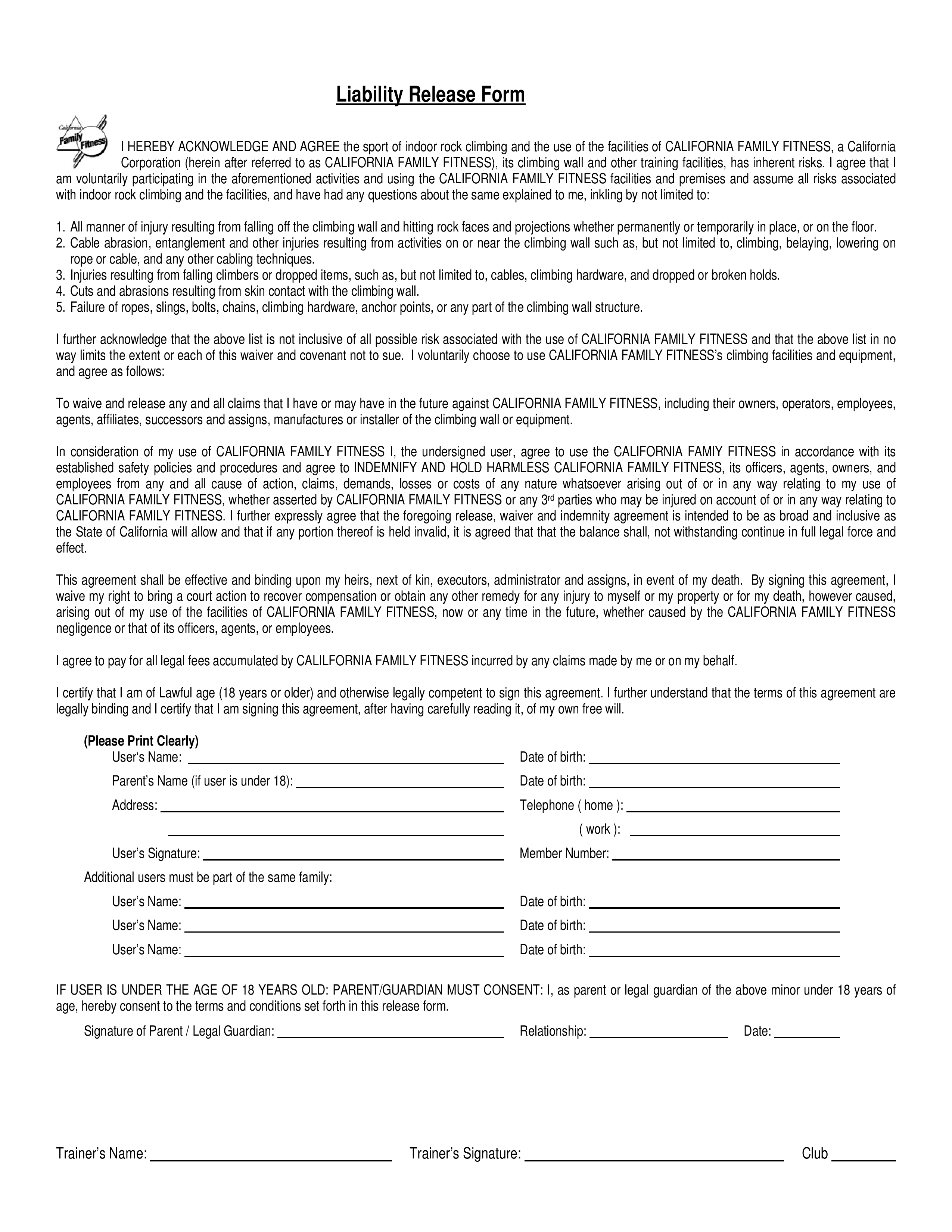Liability Release Agreement Free California Family Fitness Liability Release Form Pdf Template