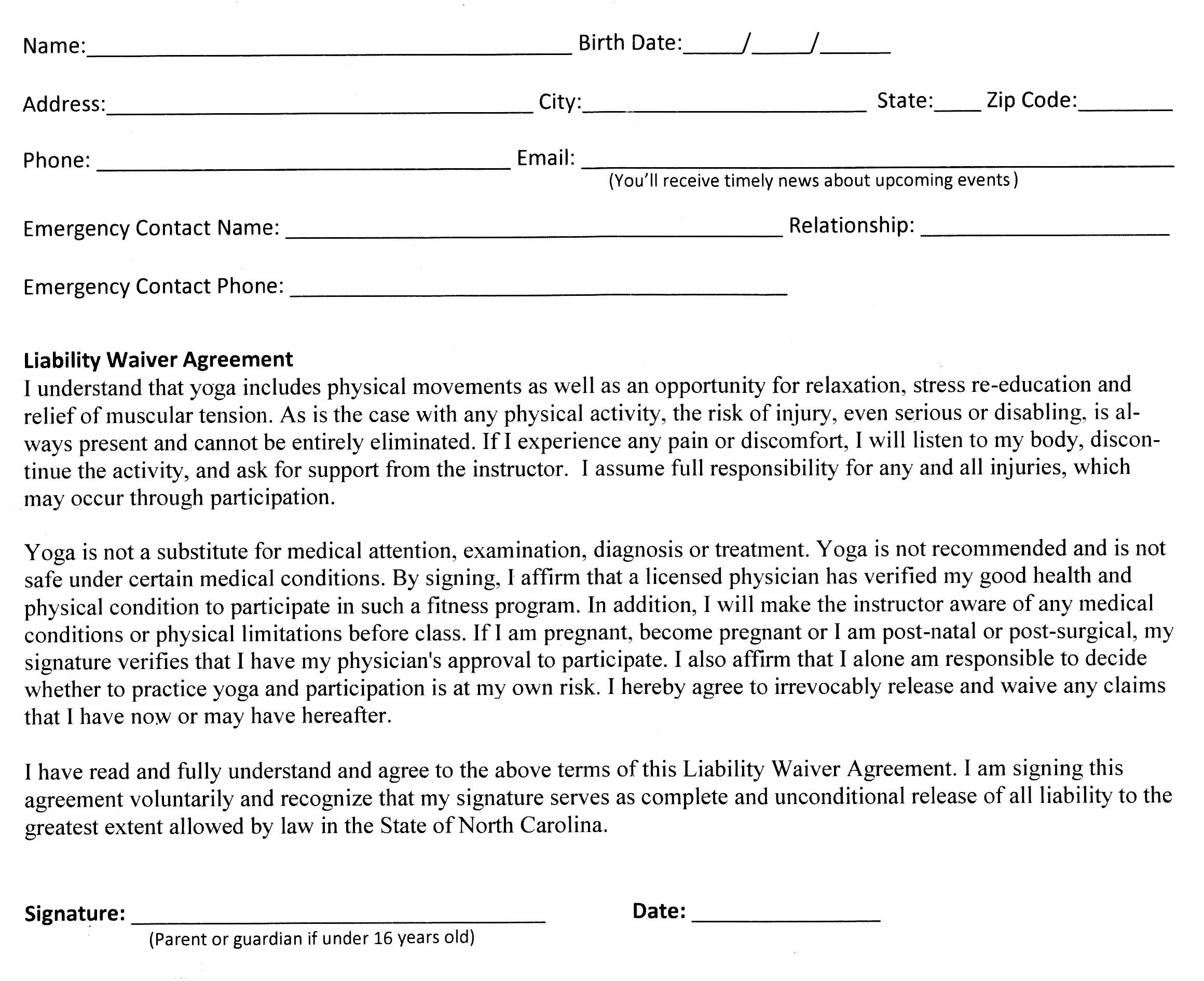 Liability Release Agreement Liability Waiver Agreement Yogaray