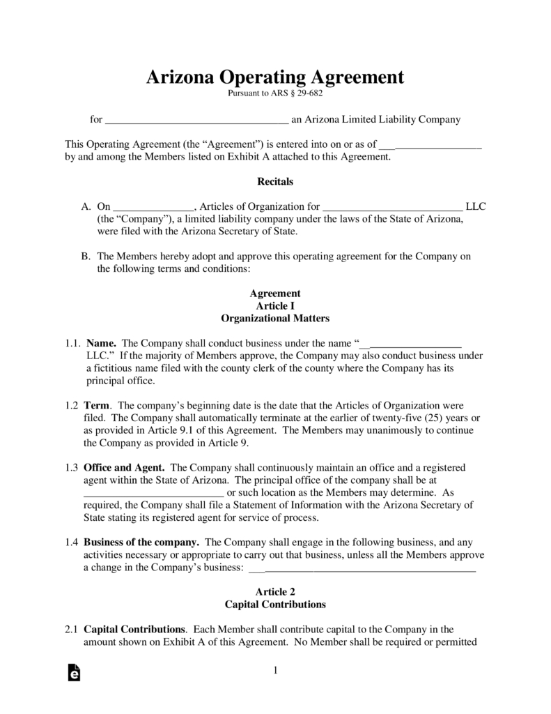 Llc No Operating Agreement Free Arizona Llc Operating Agreement Templates Pdf Word Eforms