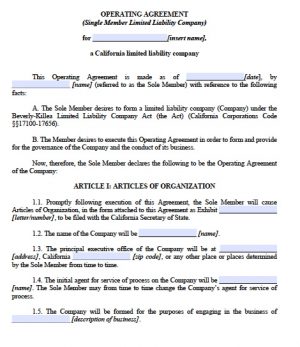 Llc Operating Agreement Form California Single Member Llc Operating Agreement Free Llc