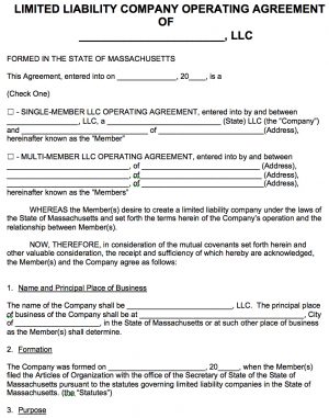 Llc Operating Agreement Form Free Massachusetts Llc Operating Agreement Template Pdf Word