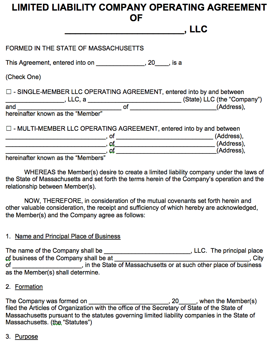 Llc Operating Agreement Form Free Massachusetts Llc Operating Agreement Template Pdf Word