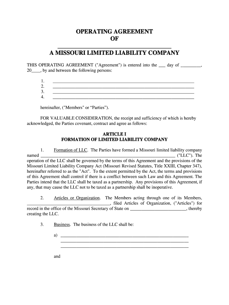 Llc Operating Agreement Form Missouri Llc Operating Agreement Fill Online Printable Fillable