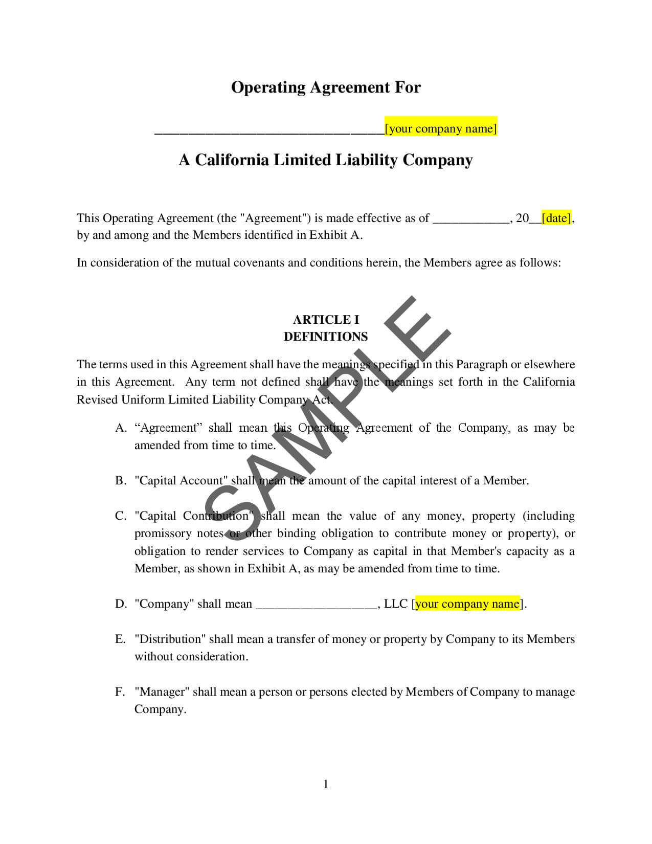 Llc Operating Agreements Operating Agreement For Llc California Multi Member Manager Managed