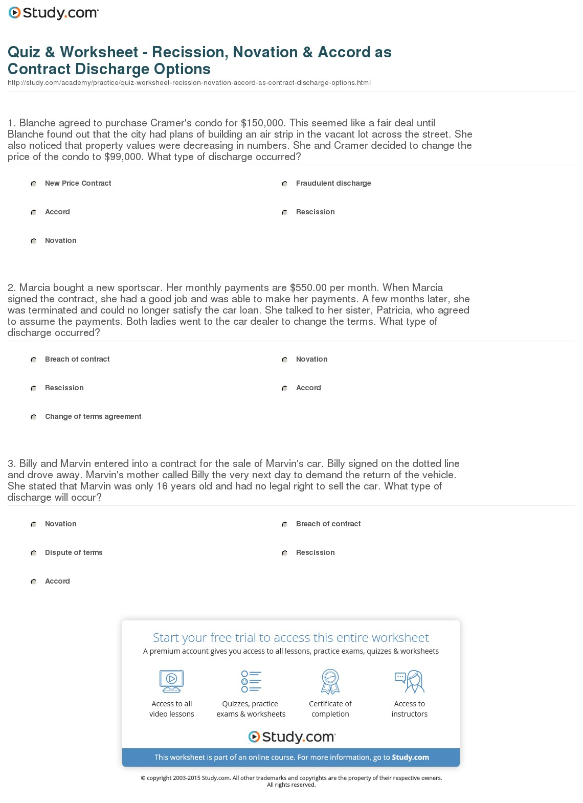 Loan Novation Agreement Quiz Worksheet Recission Novation Accord As Contract