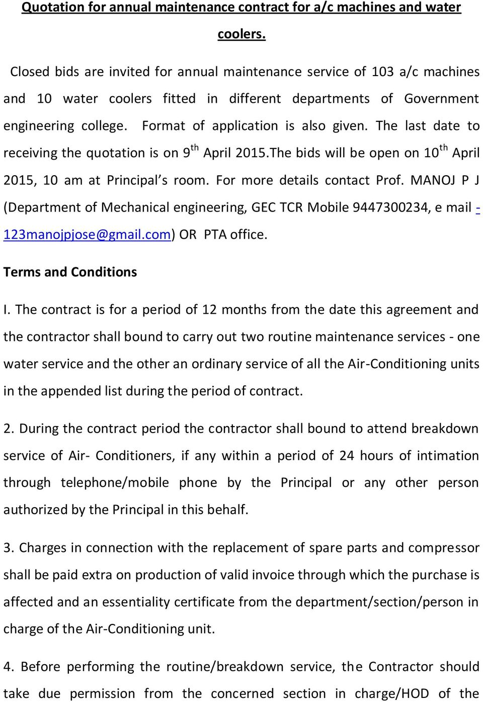 Maintenance Agreement Terms And Conditions Quotation For Annual Maintenance Contract For Ac Machines And Water