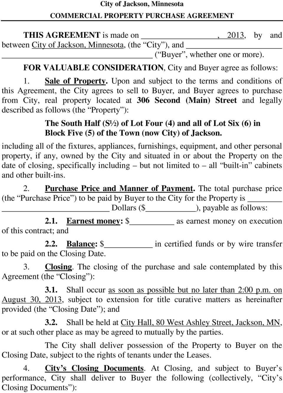 Minnesota Purchase Agreement City Of Jackson Minnesota Commercial Property Purchase Agreement Pdf