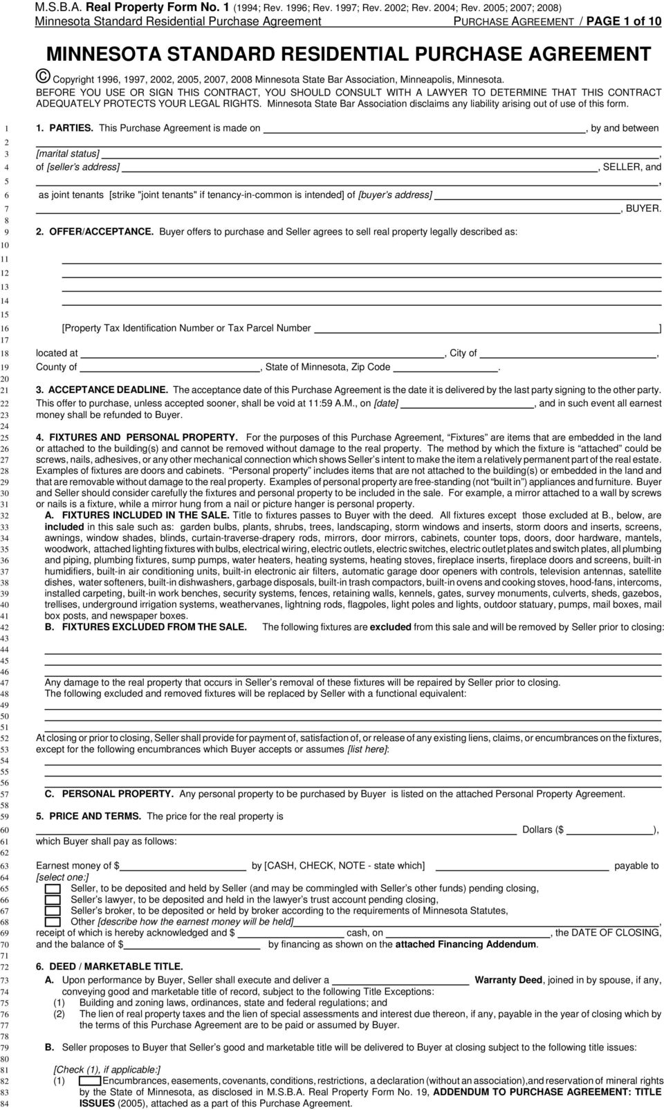 Minnesota Purchase Agreement Minnesota Standard Residential Purchase Agreement Pdf
