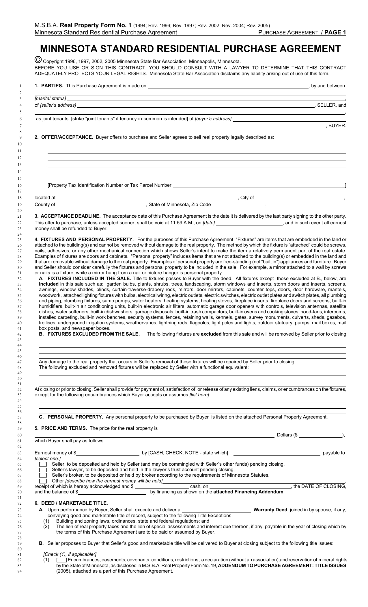 Minnesota Purchase Agreement Msba Residental Property Purchase Agreement Manualzz