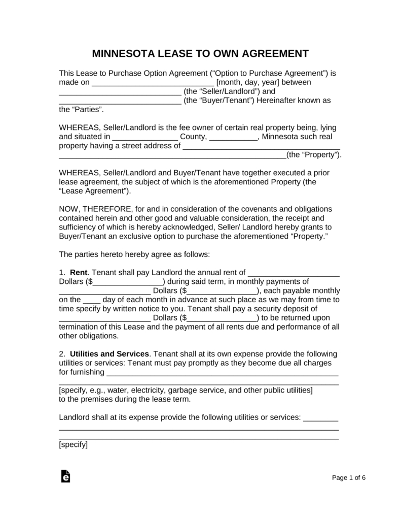 Mn Real Estate Purchase Agreement Free Minnesota Lease To Own Option To Purchase Agreement Form