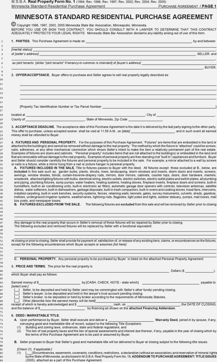 Mn Real Estate Purchase Agreement Minnesota Purchase Agreement Form Ideal Minnesota Fer To Purchase