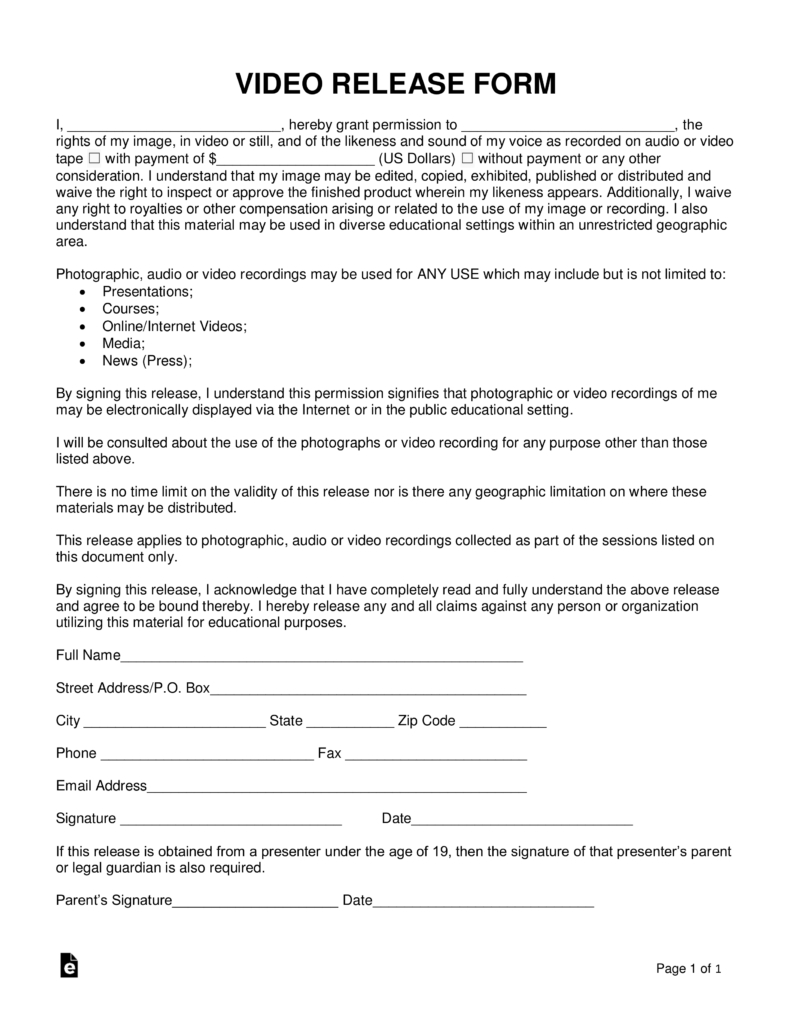 Modeling Agreement Contract Free Video Release Form Word Pdf Eforms Free Fillable Forms