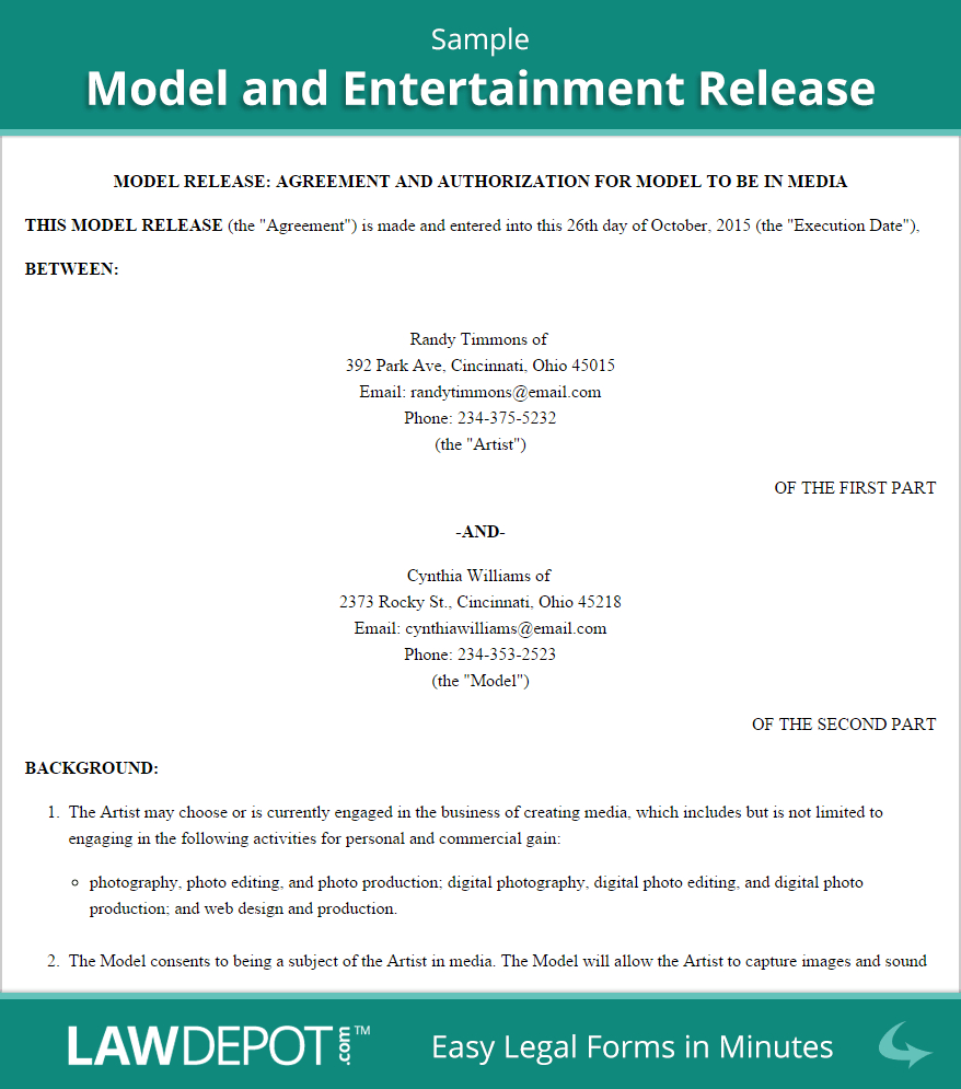 Modeling Agreement Contract Model And Entertainment Release Form Us Lawdepot