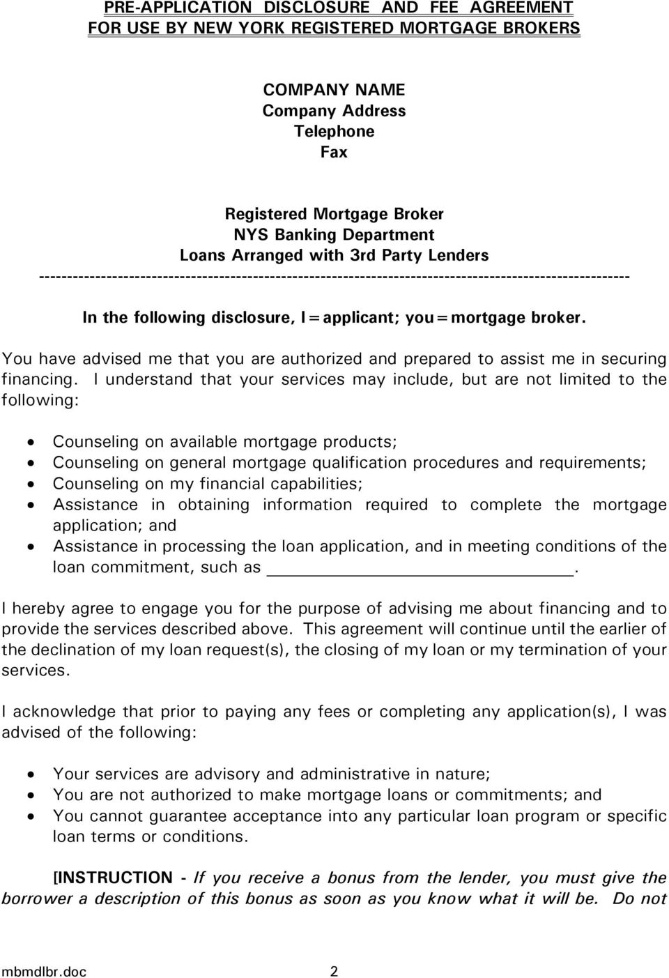 Mortgage Broker Fee Agreement Pre Application Disclosure And Fee Agreement For Use New York