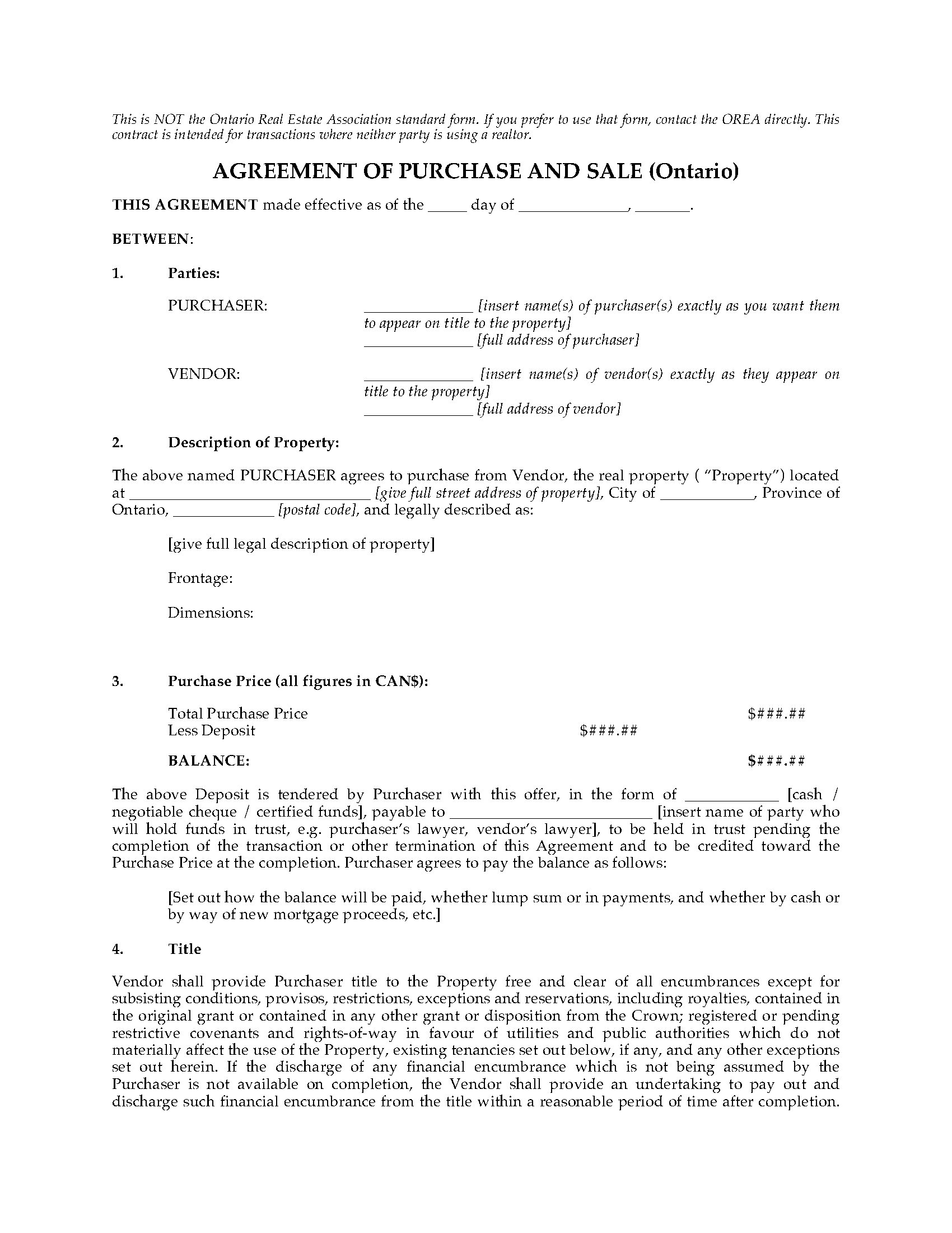 Nebraska Real Estate Purchase Agreement Ontario Fsbo Real Estate Purchase And Sale Contract