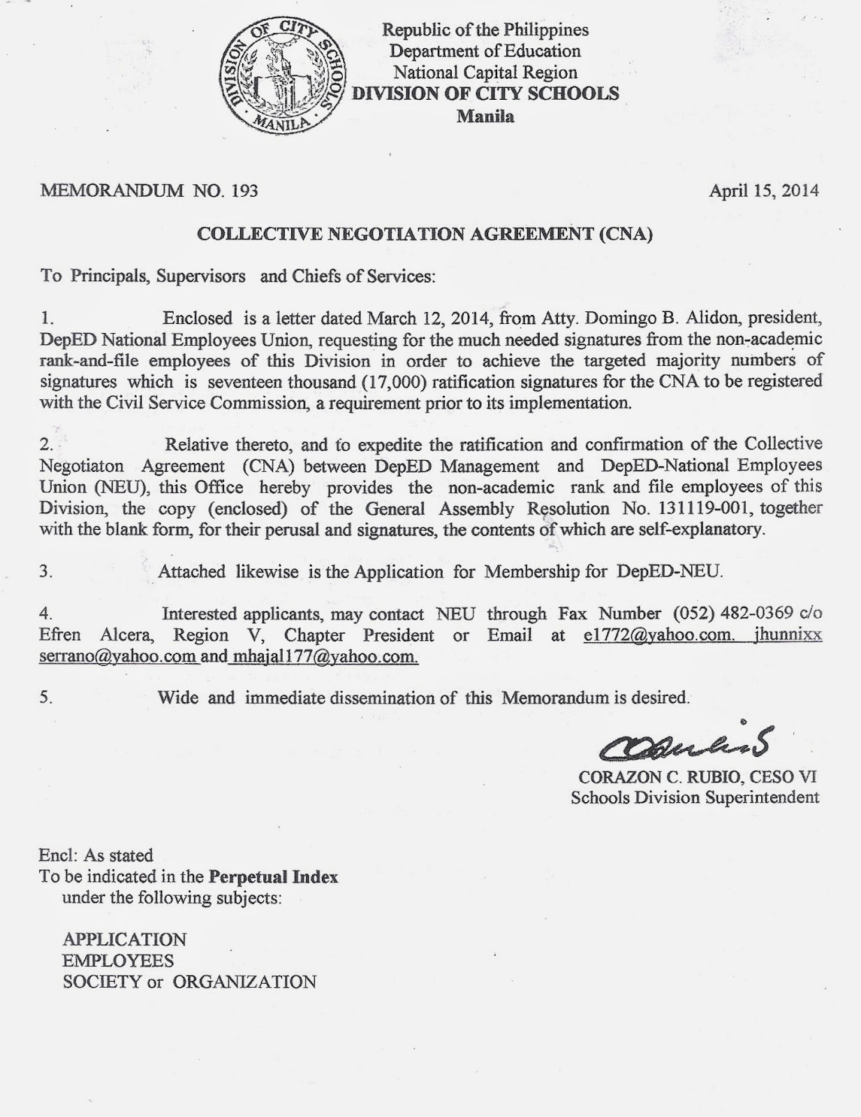 Negotiation And Agreement Department Of Education Manila Division Memorandum No 193