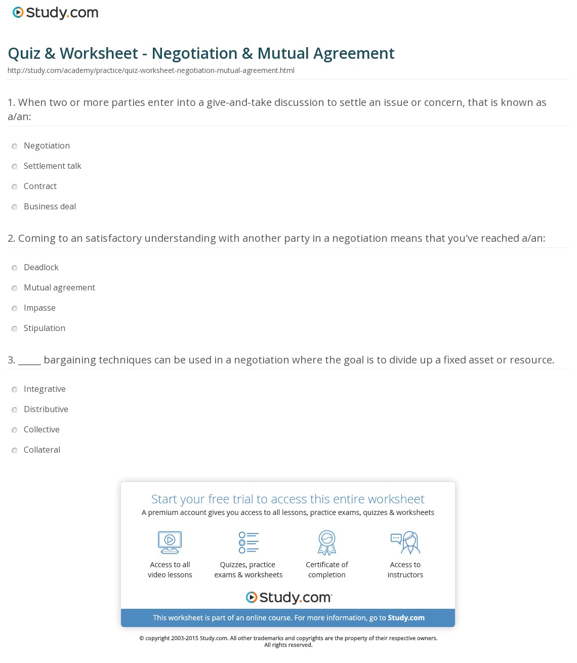 Negotiation And Agreement Quiz Worksheet Negotiation Mutual Agreement Study