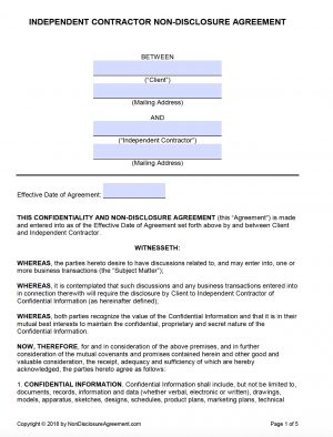 Non Compete Agreement Pdf Free Independent Contractor Non Disclosure Agreement Nda Pdf