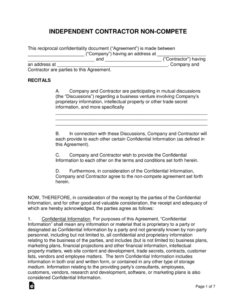 Non Compete Agreement Pdf Independent Contractor Non Compete Agreement Template Eforms