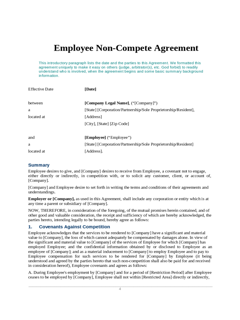 Non Compete Agreement Pdf Non Compete Agreement Form 4 Free Templates In Pdf Word Excel