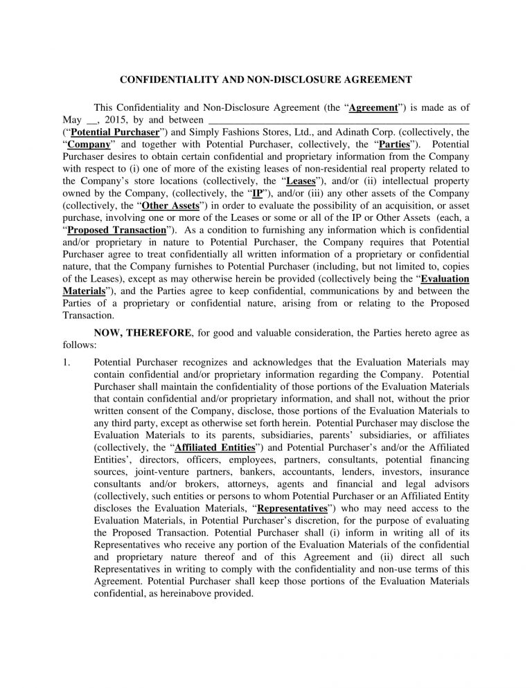 Non Disclosure Agreement Florida 12 Real Estate Confidentiality ...