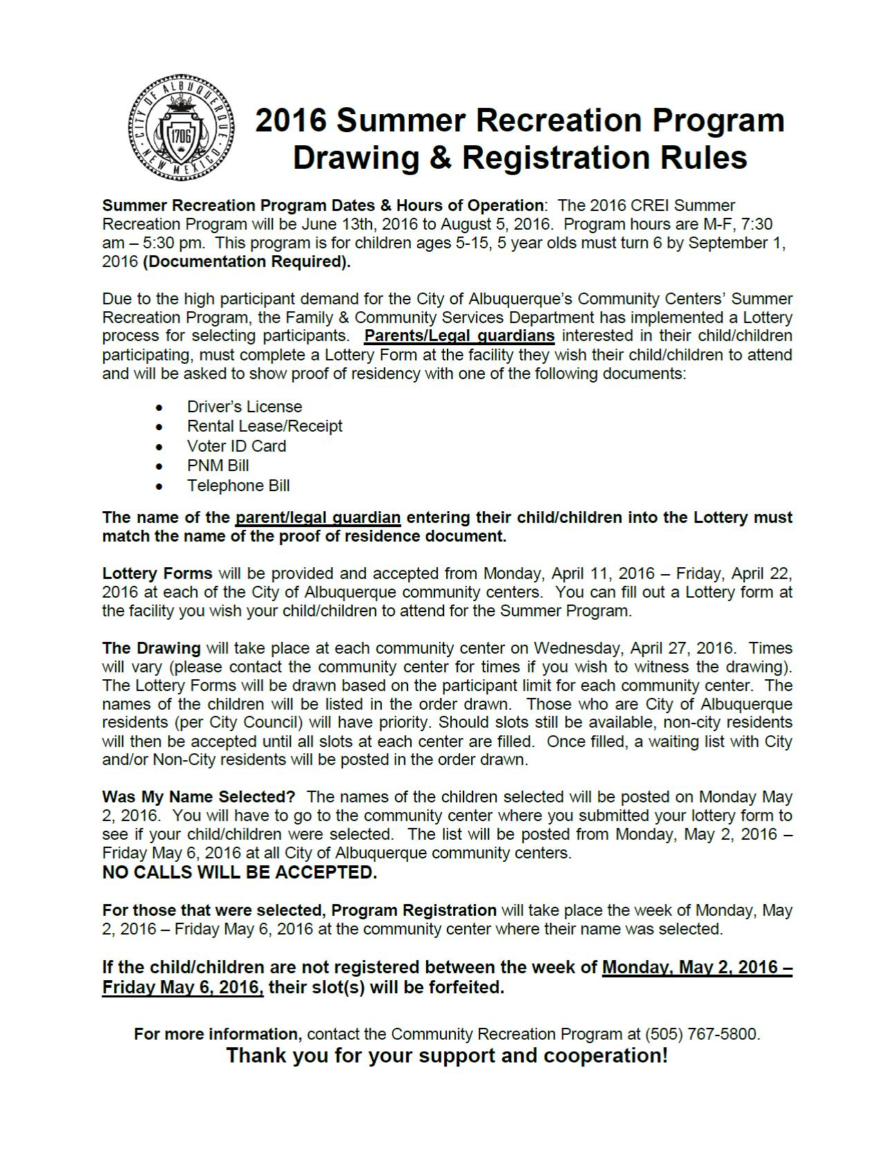 Office Pool Lottery Agreement Summer Recreation Program Drawing And Registration City Of Albuquerque