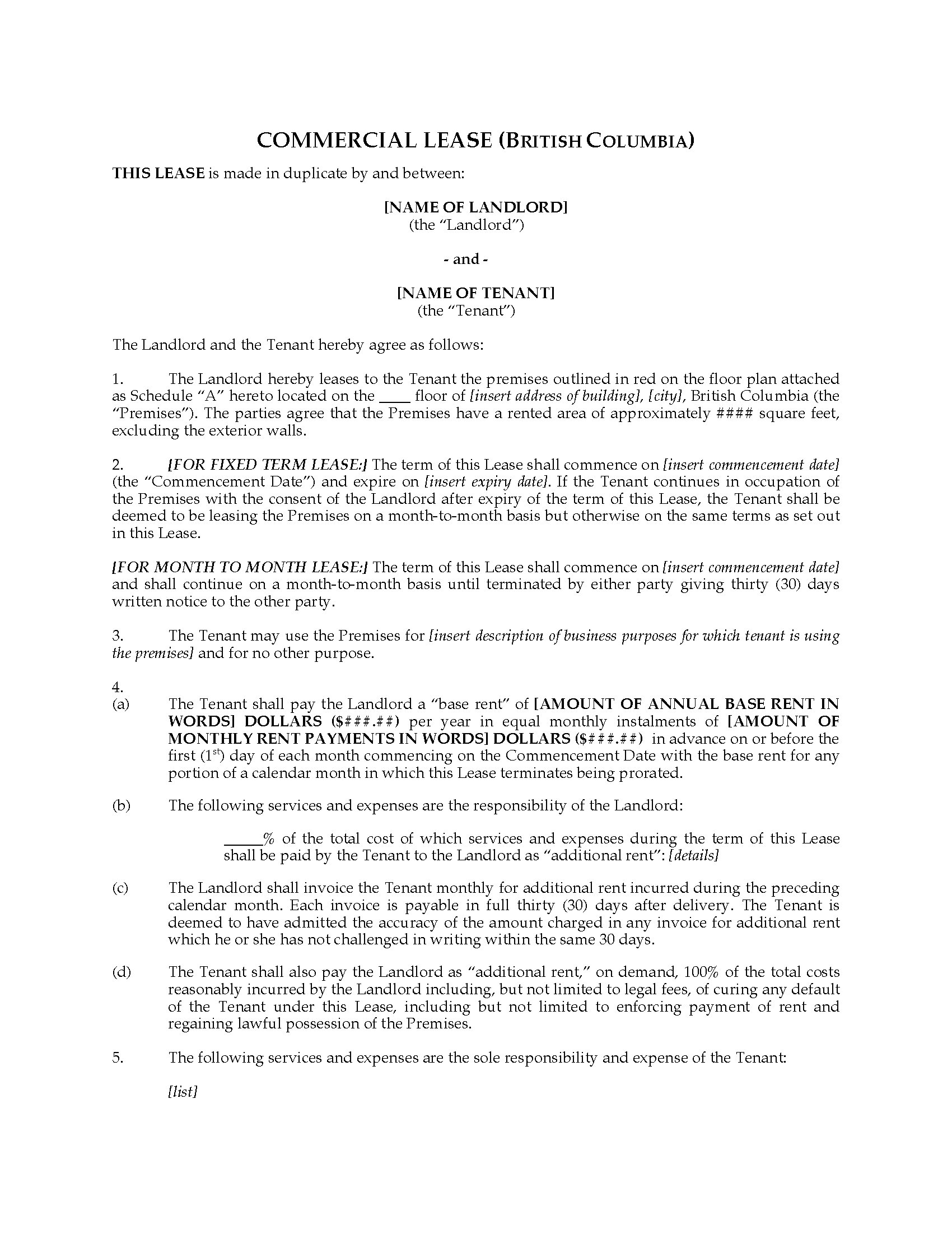 Office Tenancy Agreement Template British Columbia Commercial Lease Agreement For Fixed Or Monthly Tenancy