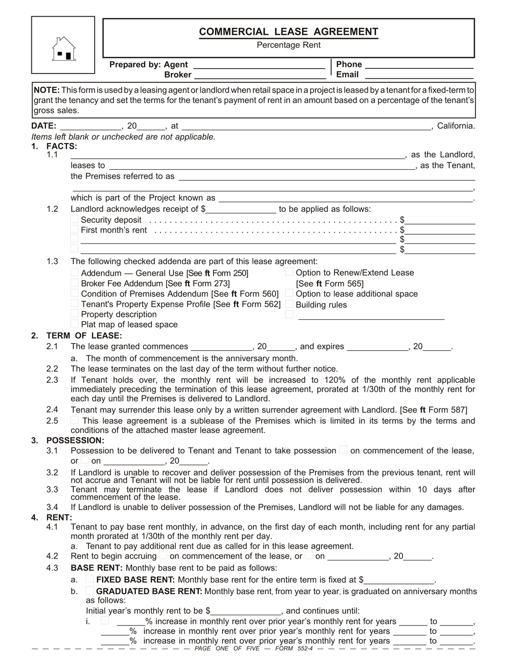 Office Tenancy Agreement Template Commercial Lease Agreement Percentage Rent Rpi Form 552 4