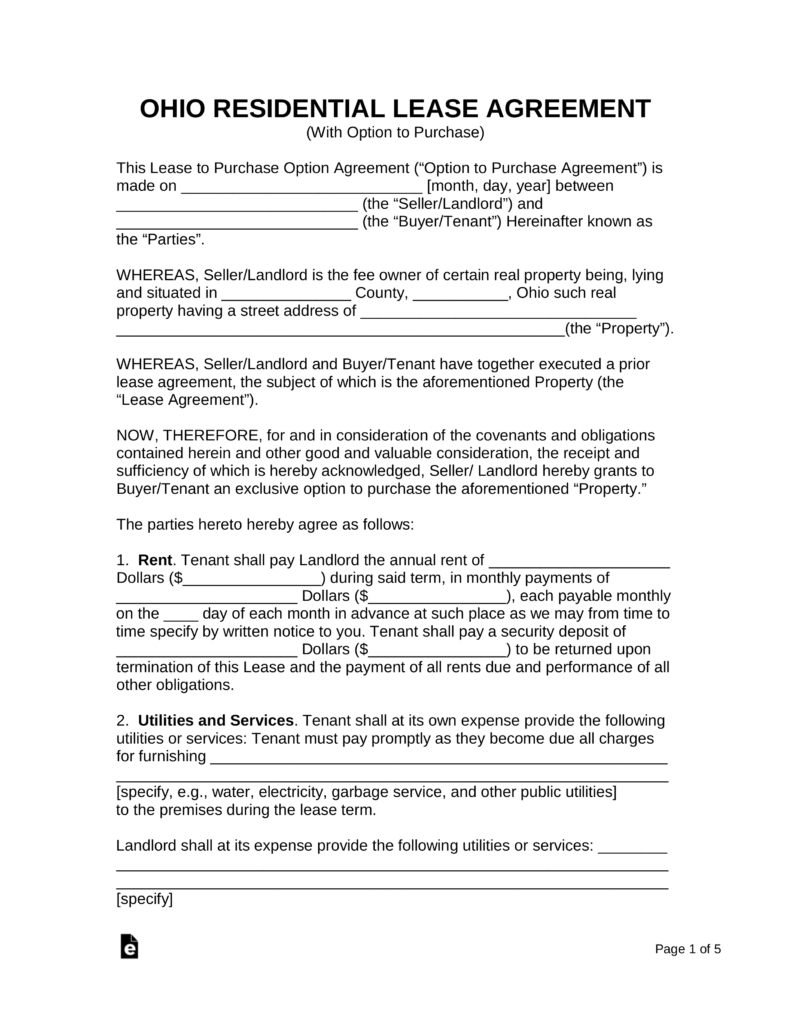 Ohio Residential Lease Agreement Free Ohio Residential Lease With Option To Purchase Form Pdf