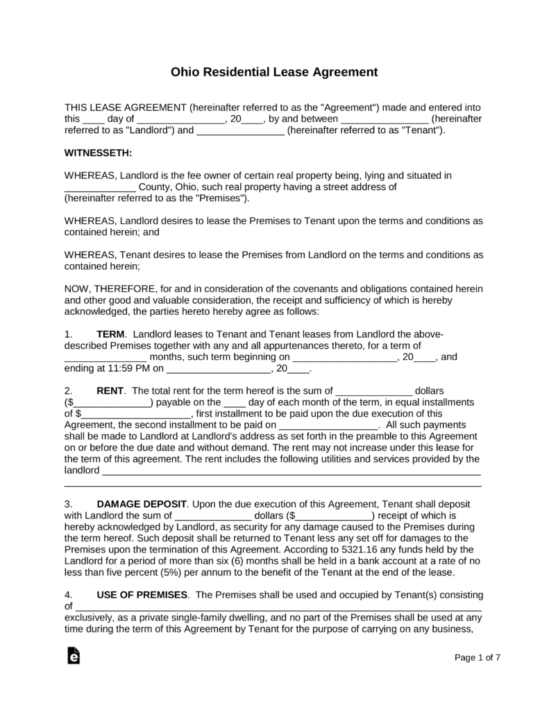 Ohio Residential Lease Agreement Free Ohio Standard Residential Lease Agreement Template Pdf Word