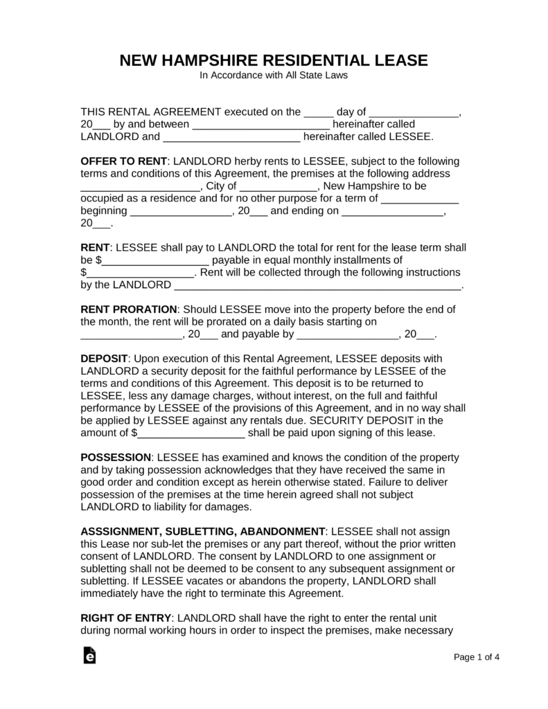 Ohio Residential Lease Agreement New Hampshire Standard 1 Year Residential Lease Agreement Eforms