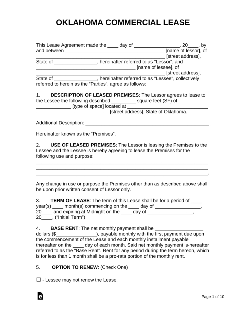 Oklahoma Lease Agreement Free Oklahoma Commercial Lease Agreement Form Pdf Word Eforms
