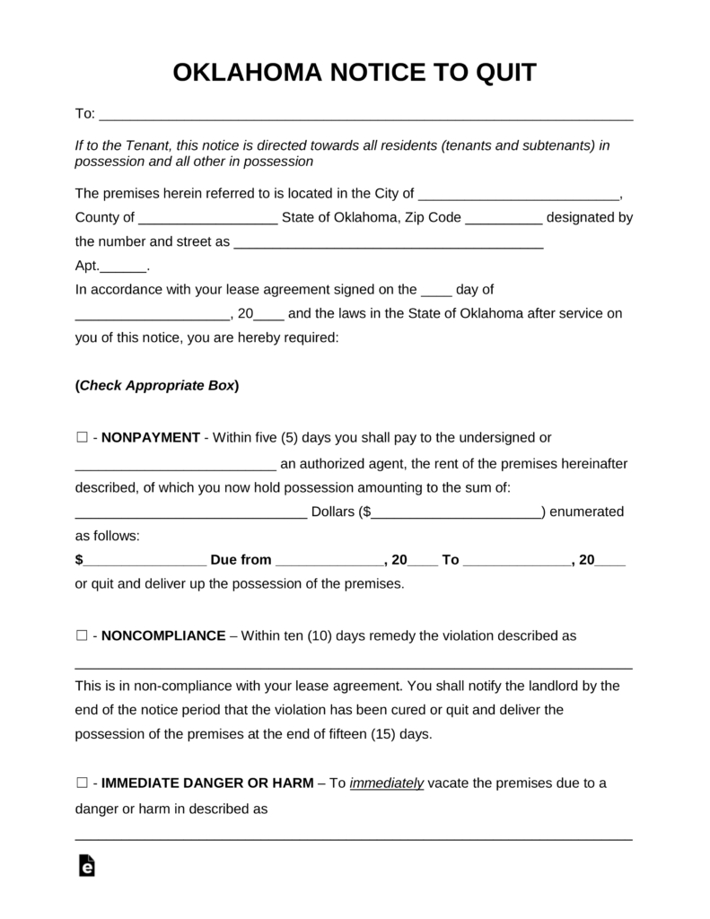Oklahoma Lease Agreement Free Oklahoma Eviction Notice Forms Process And Laws Pdf Word
