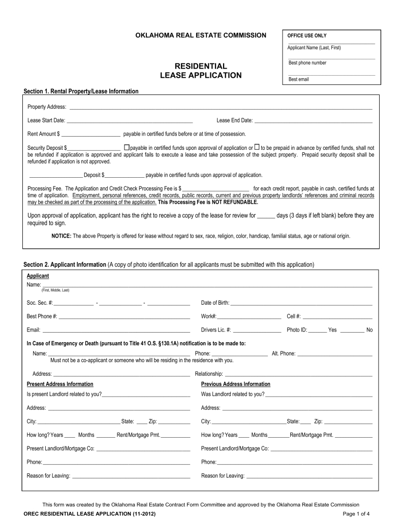 Oklahoma Lease Agreement Free Oklahoma Rental Application Form Pdf Eforms Free Fillable