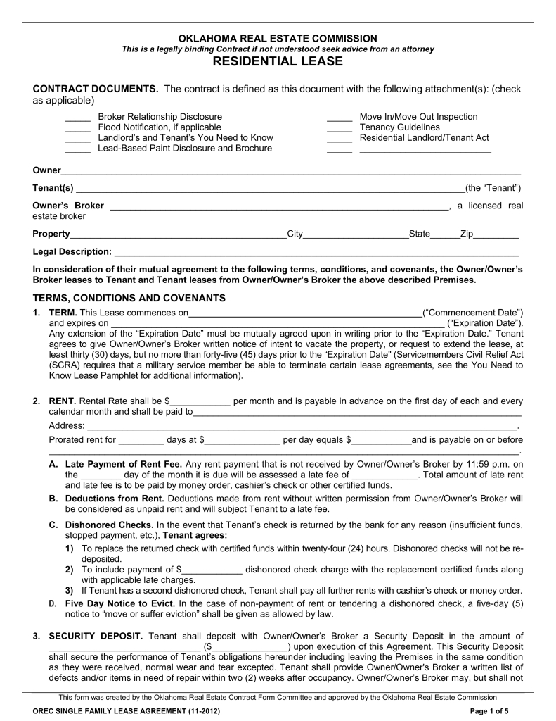 Oklahoma Lease Agreement Free Oklahoma Standard Residential Lease Agreement Template Word