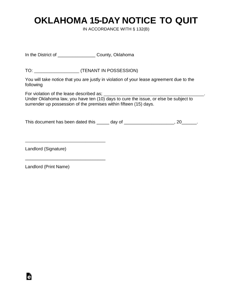Oklahoma Lease Agreement Oklahoma 1015 Day Notice To Quit Form Non Compliance Eforms