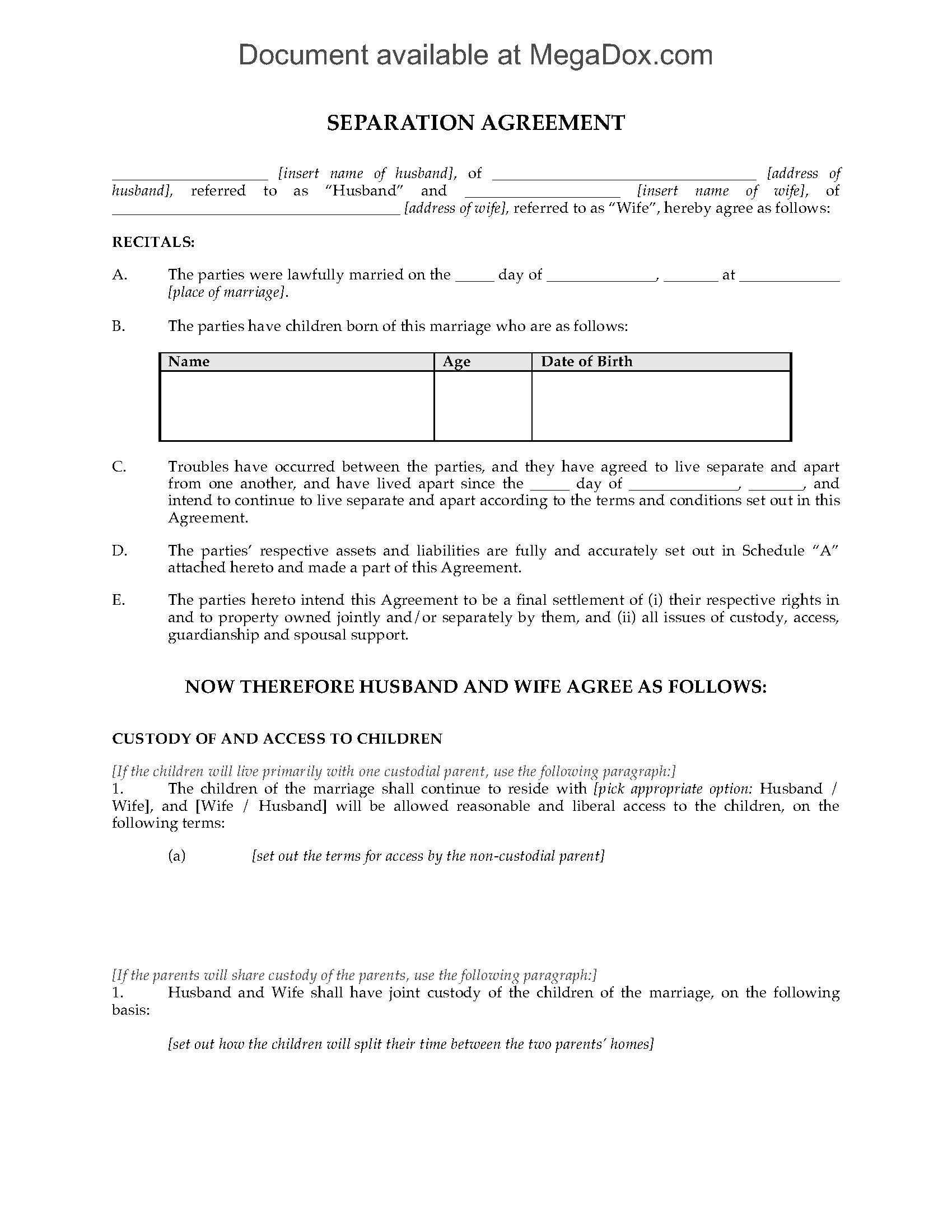 Ontario Legal Separation Agreement Template Canada Separation Agreement