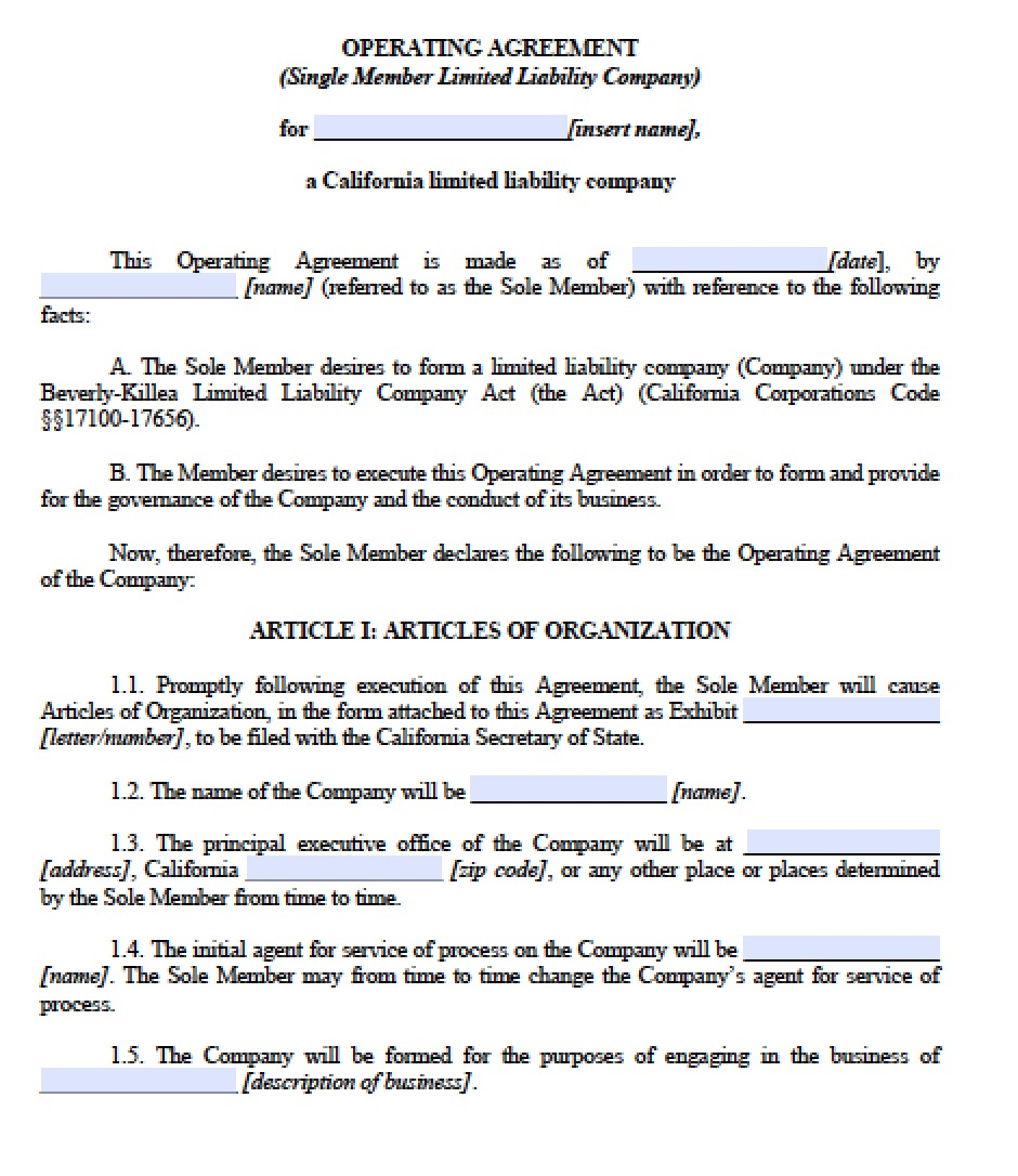Operating Agreement Form California Single Member Llc Operating Agreement Free Llc