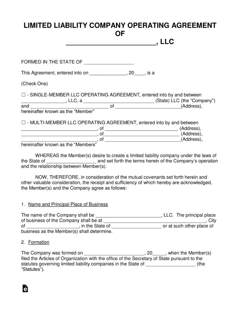 Operating Agreement Form Free Llc Operating Agreement Templates Pdf Word Eforms Free