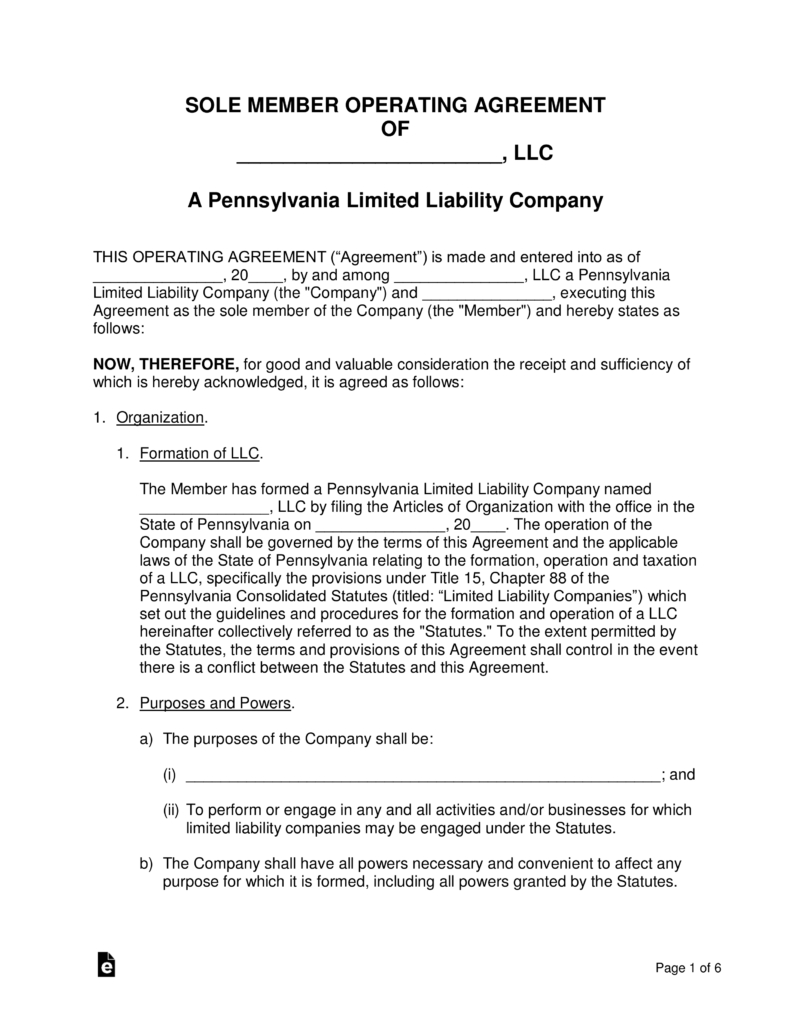 Operating Agreement Form Free Pennsylvania Single Member Llc Operating Agreement Form Pdf