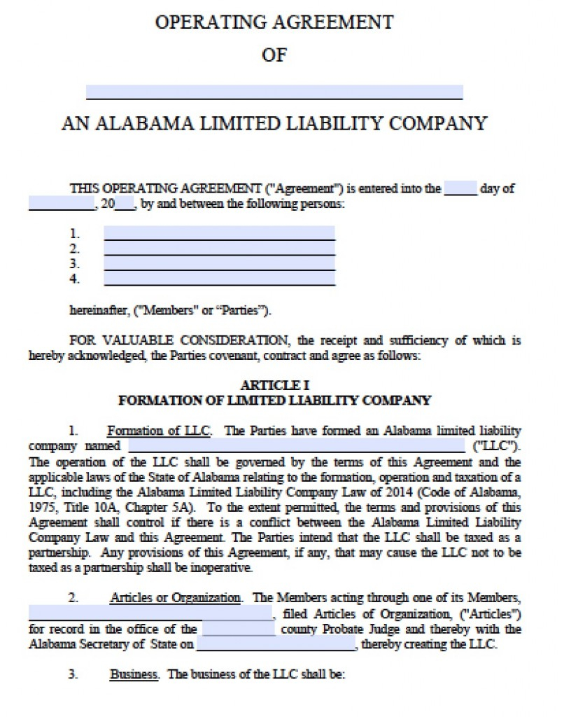Operating Agreement Form Llc Contract Template Simple Alabama Llc Operating Agreement Form X