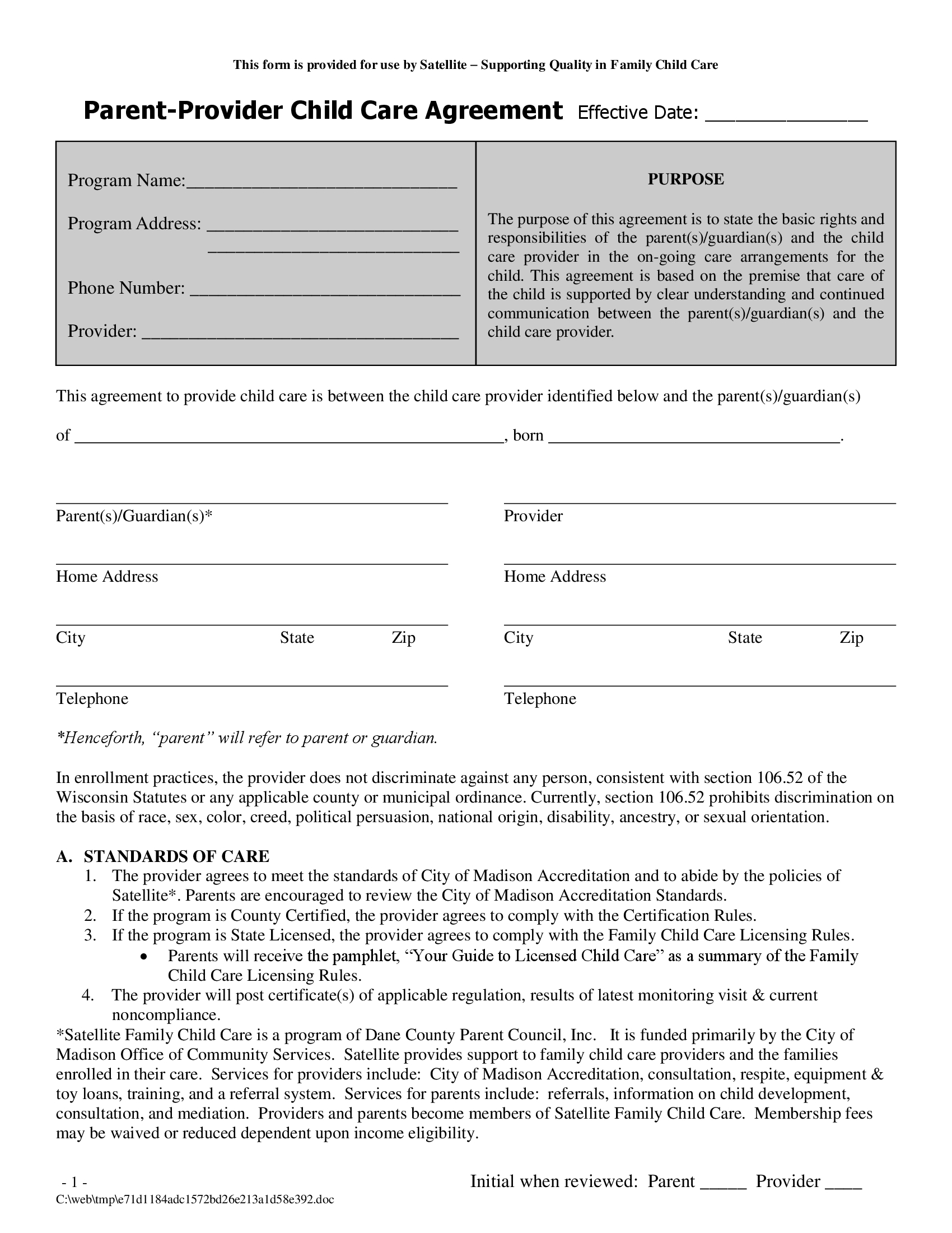 Parent Child Care Provider Agreement 11 Legal Agreement Forms Doc