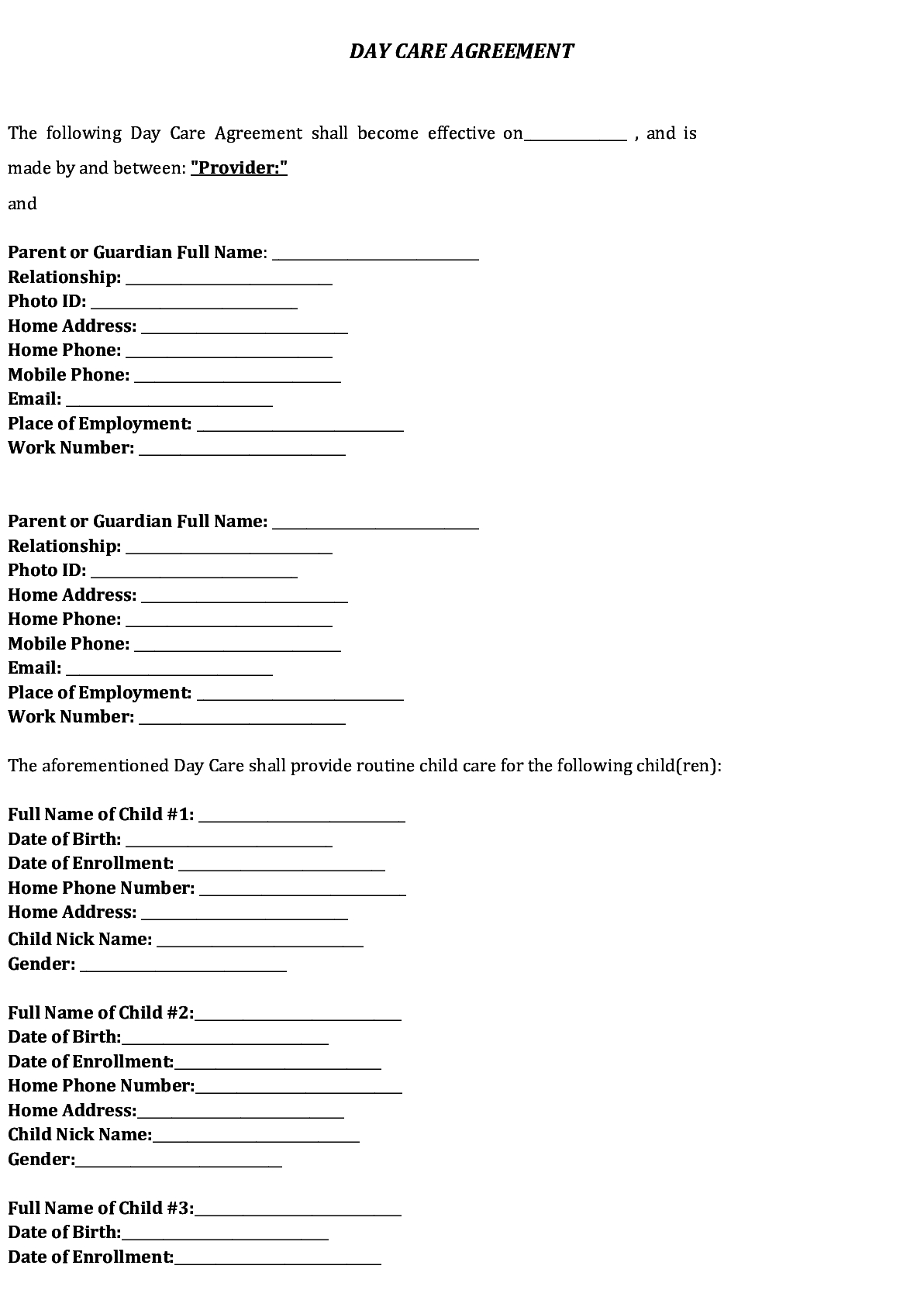 Parent Child Care Provider Agreement Daycare Contract Form Fillable Pdf Template Download Here